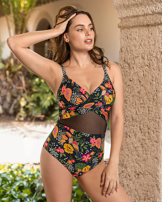 Bañador entero estampado con detalle de tul y drapeado en las copas#color_701-estampado-tropical-animal-print