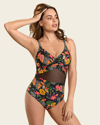 Bañador entero estampado con detalle de tul y drapeado en las copas#color_701-estampado-tropical-animal-print