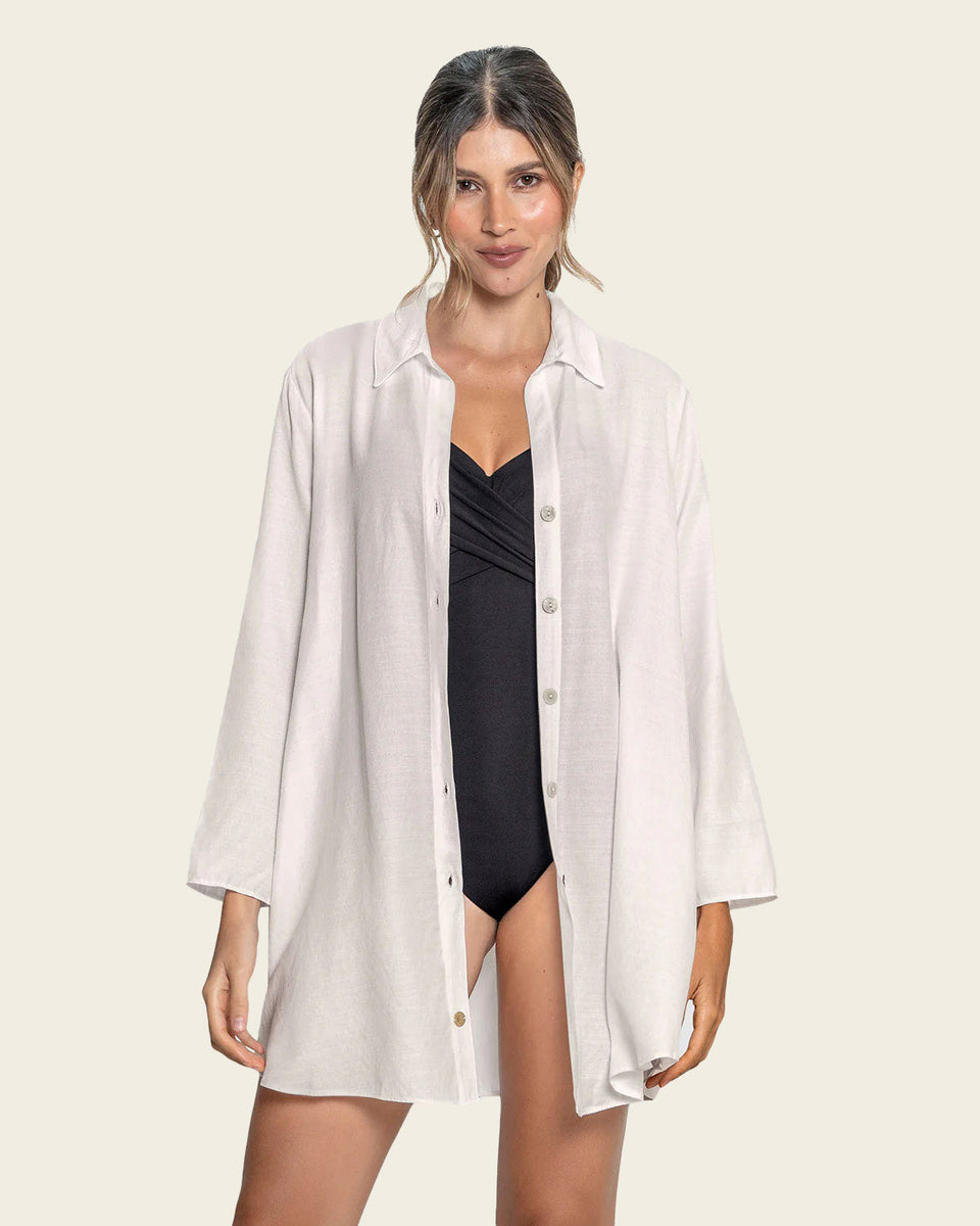 Blusón playero manga larga en material tipo lino