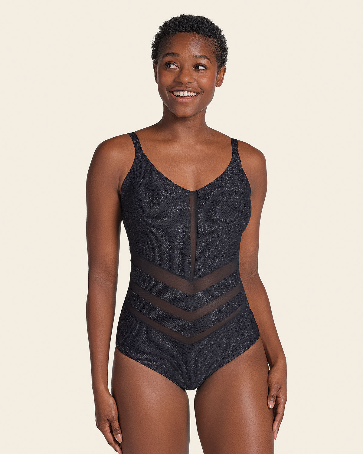 Luccia Colorful Zigzag Pattern Cutout Waist Tie-up Stretch One-piece Swimsuit