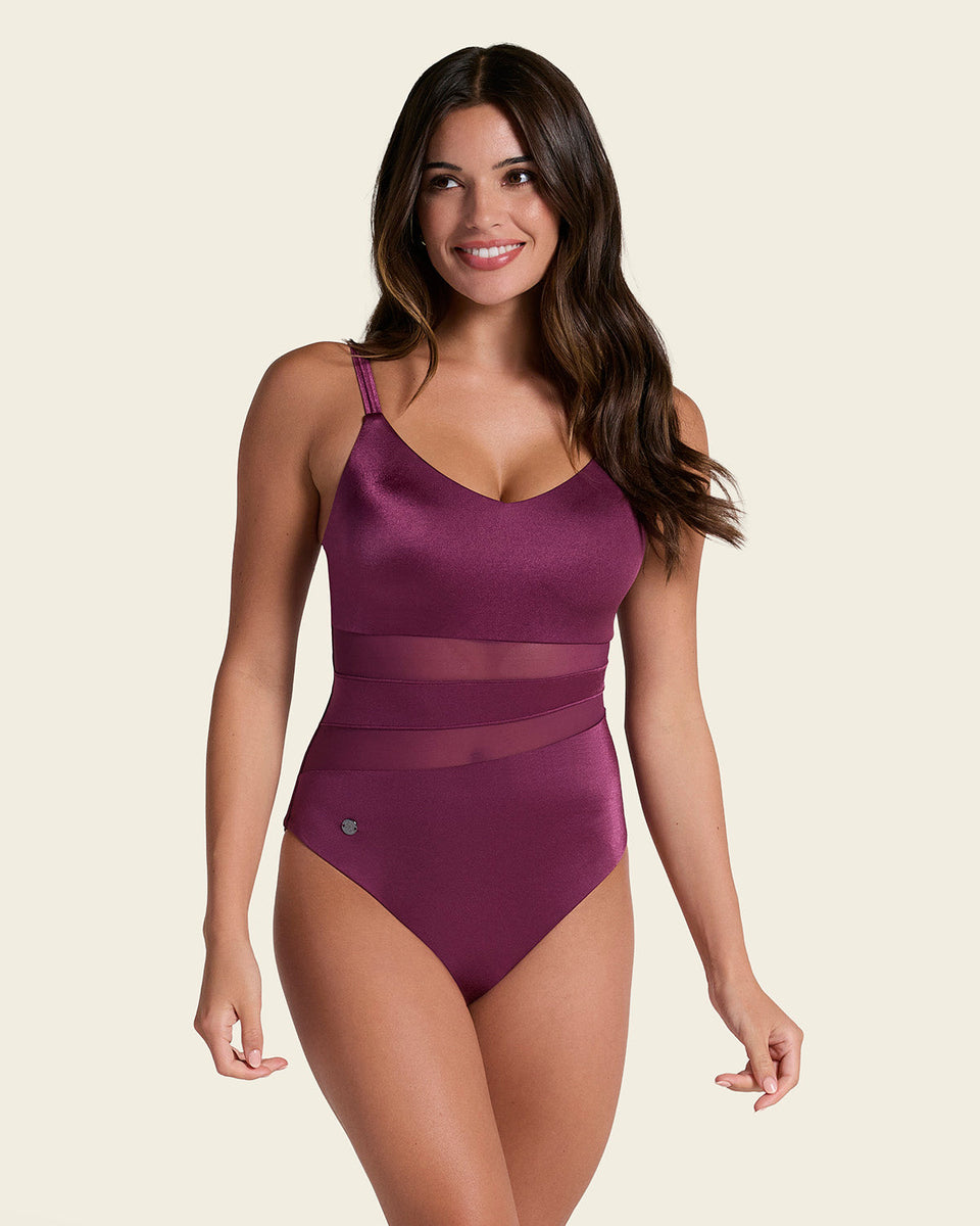 Bañador entero de control con franjas en tul y tela con brillo