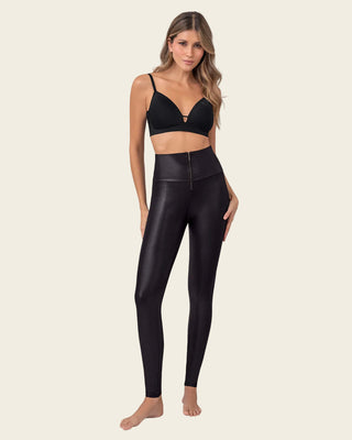 Legging con cierre de compresión en abdomen en imitación cuero#color_700-negro