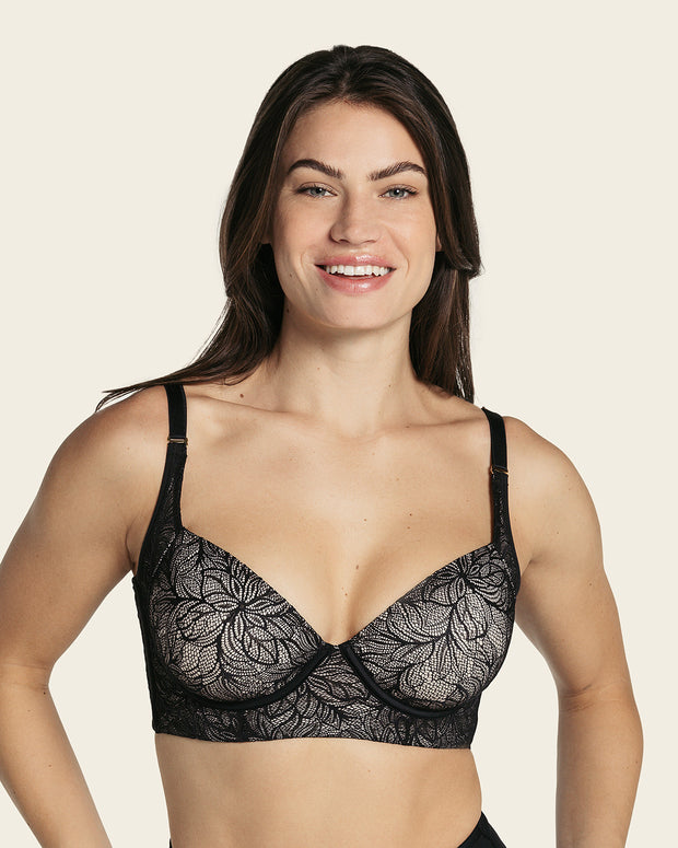 Leonisa Sheer Lace Underwire Bustier Triangle Bra - Back Coverage Bralettes  for Woman Black : : Fashion