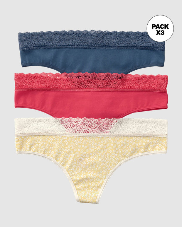 Paquete x3 tangas en algodón elástico con detalle en encaje#color_s16-fondo-amarillo-estampado-coral-azul