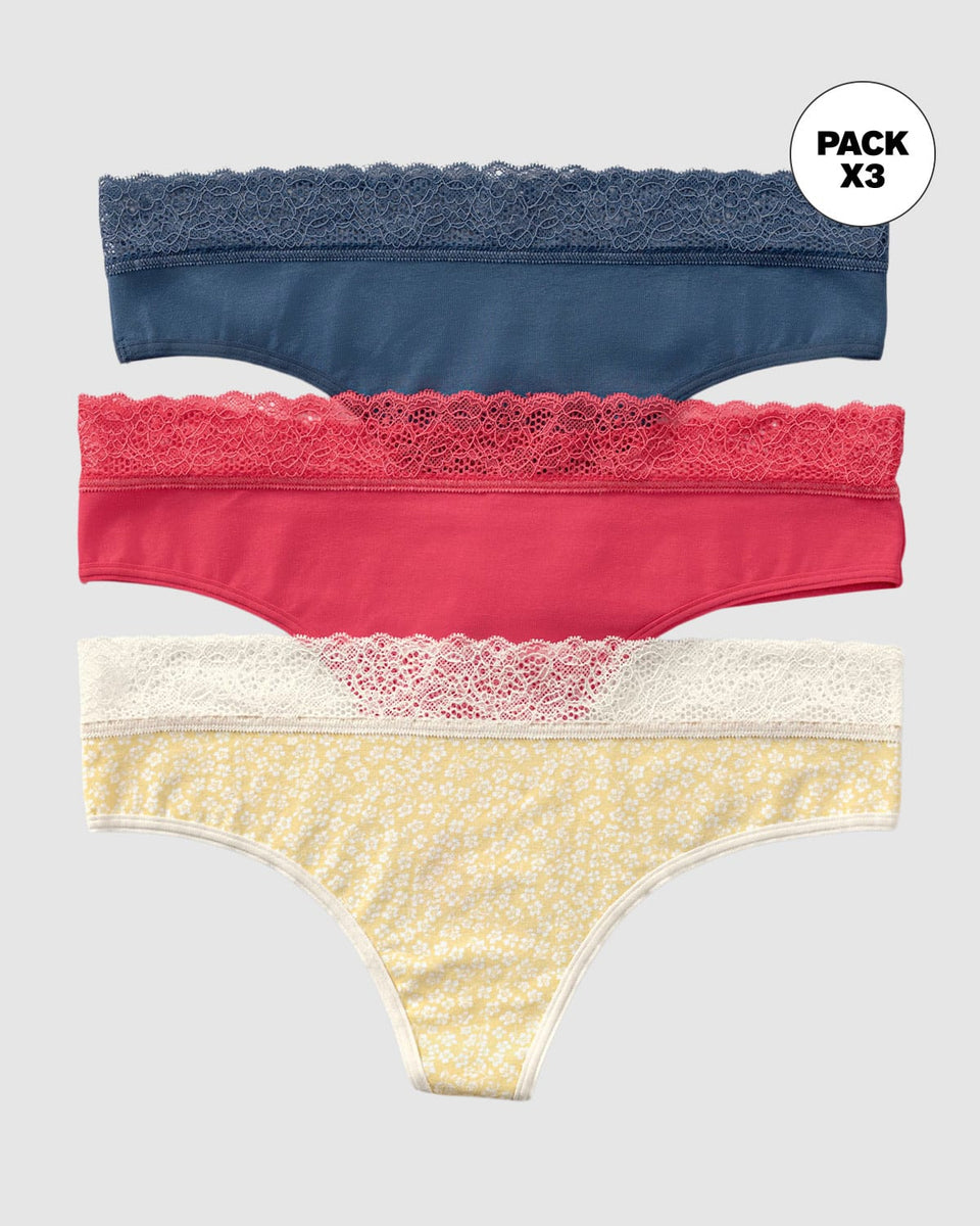Paquete x3 tangas en algodón elástico con detalle en encaje