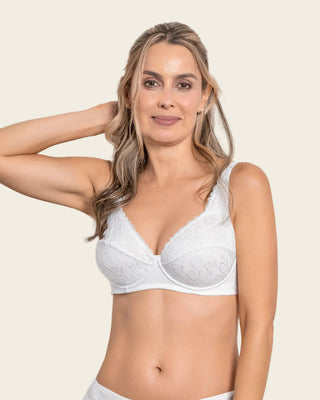 Sujetador triangular con copas en encaje y espalda en tela lisa#color_000-blanco