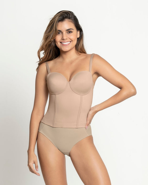 Bustier largo sin tirantes de base ancha con varillas frontales y laterales#color_802-habano-claro