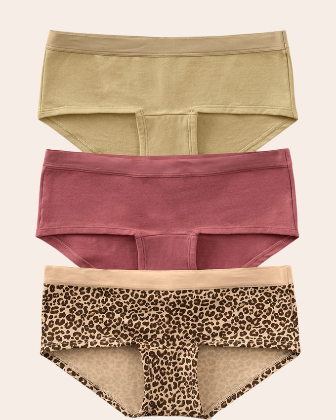 3 braguitas tipo bóxer de talle medio en algodón#color_s32-rosado-beige-verdoso-animal-print