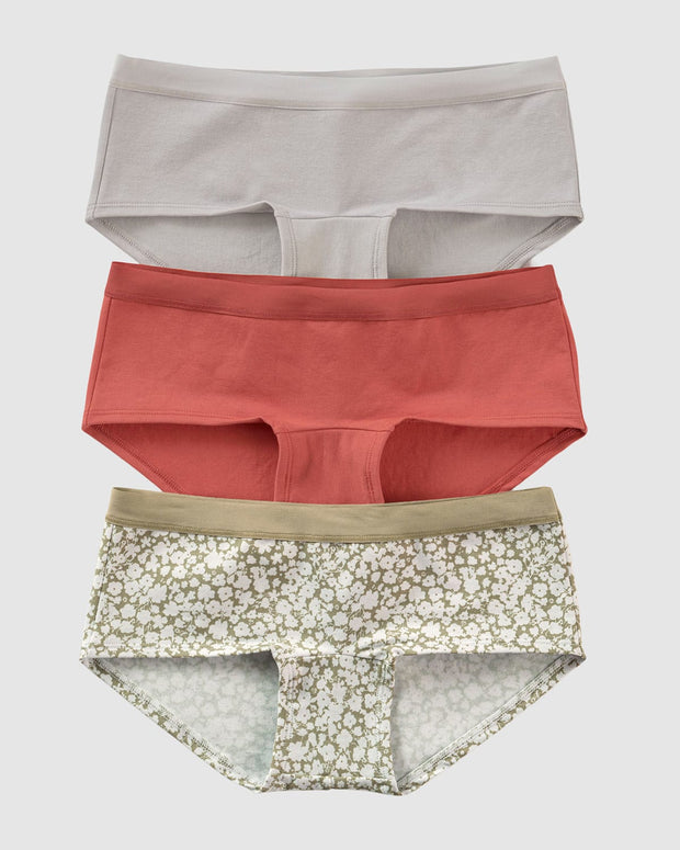 3 braguitas tipo bóxer de talle medio en algodón#color_s33-terracota-gris-claro-estampado-flores