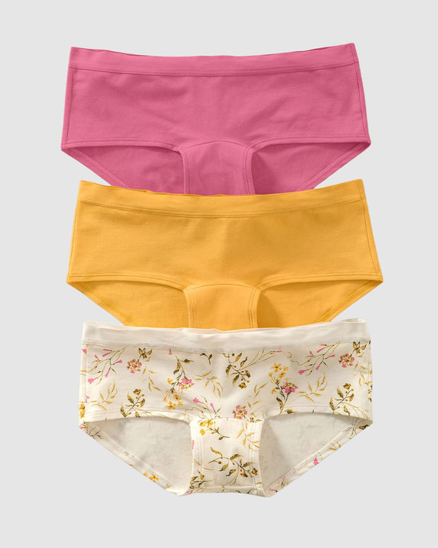 3 braguitas tipo bóxer de talle medio en algodón#color_s34-estampado-botanico-rosado-amarillo