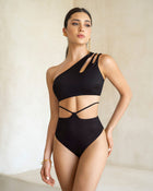 Bikini asimétrico con braga de tiro alto de control suave de abdomen